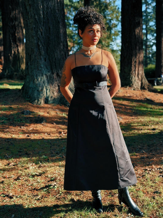 1990's Vintage David’s Bridal Black Satin Midi Dress