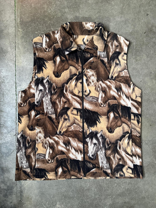1990's vintage fleece zip-up vest featuring an allover wild horse print.